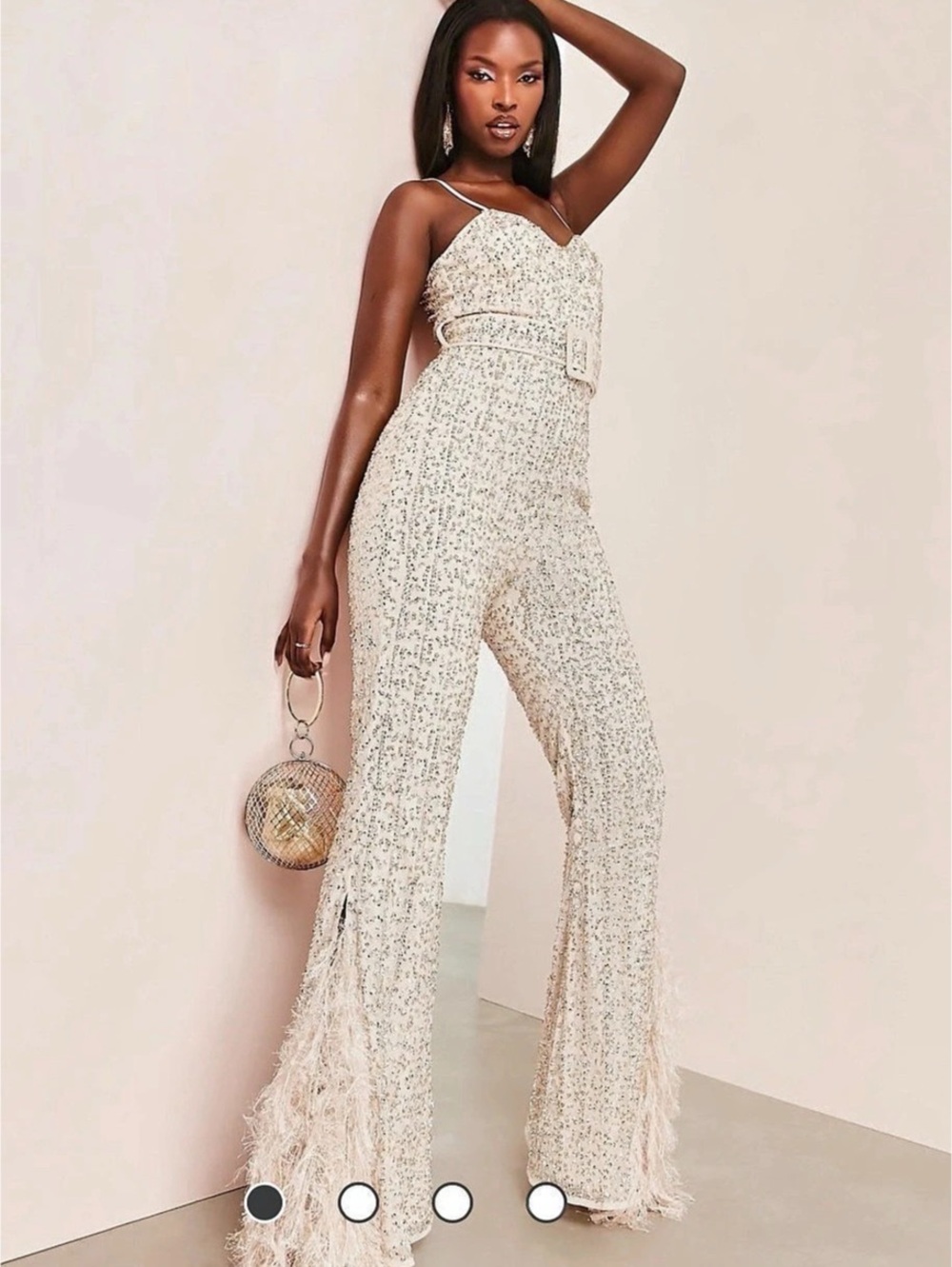 ASOS  Sequin Feather Jumpsuit in Cream & Silver Size M